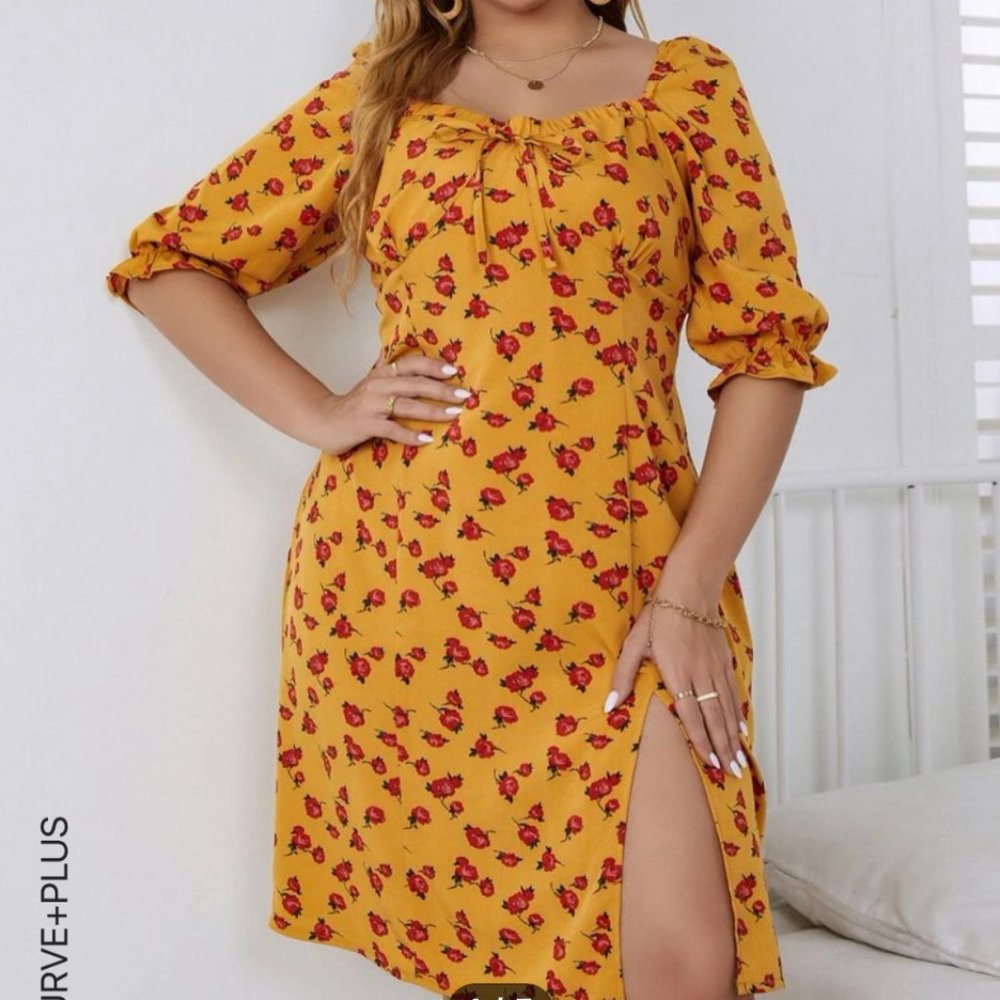 SHEIN Plus Floral Print Knot Front Puff Sleeve Split Hem Dress